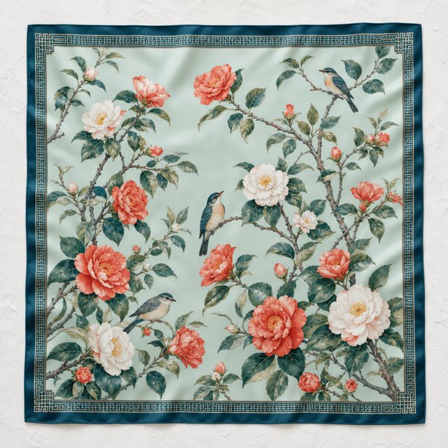 Camellia Songbirds scarf laid flat
