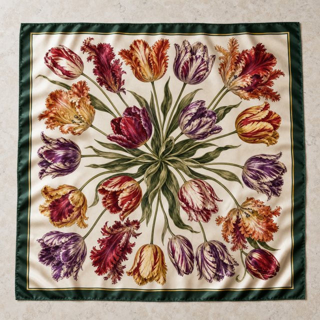 Parrot Tulip Wreath scarf laid flat