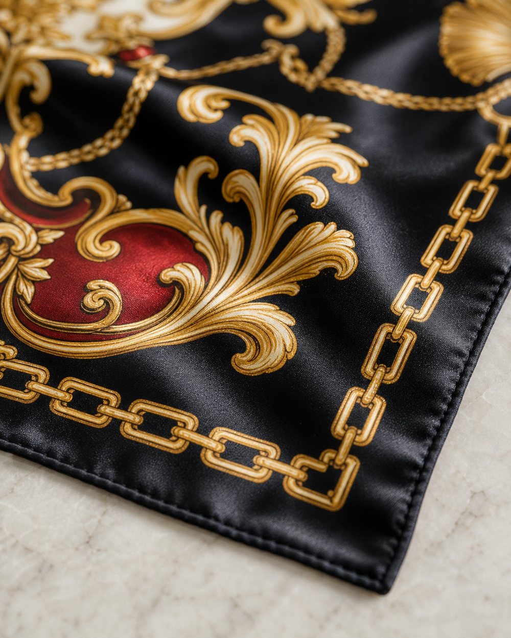 Close-up of the Gilded Chain print and narrow hem