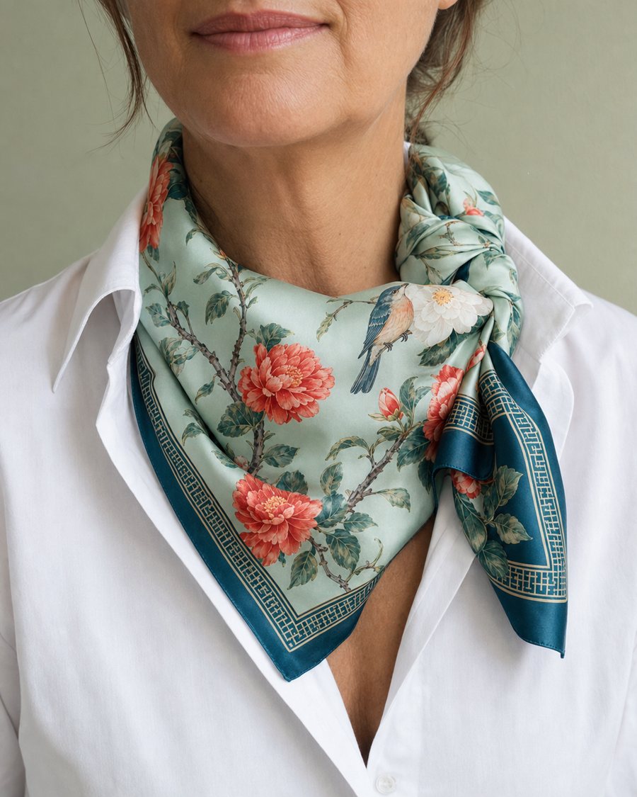 Camellia Songbirds scarf knotted at the neck over a white shirt