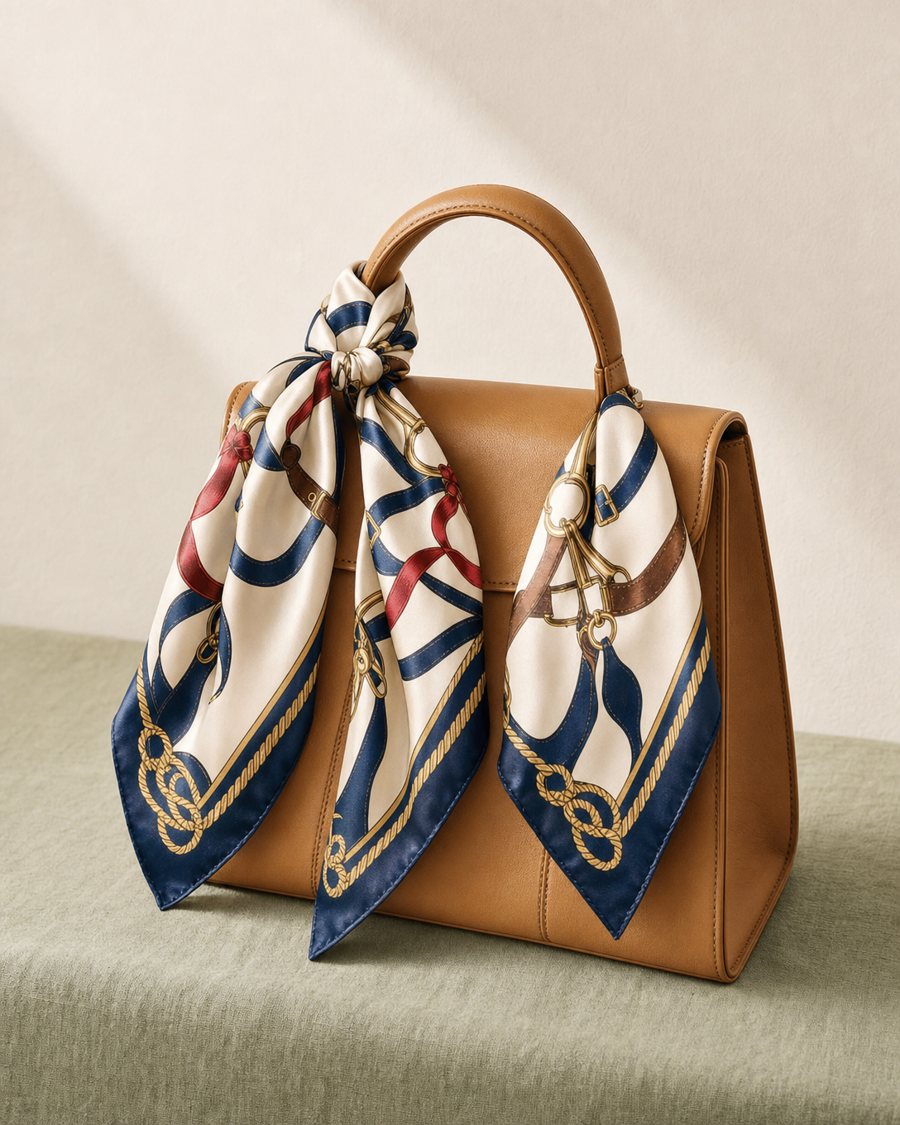 Bits & Ribbons scarf tied onto a tan leather handbag