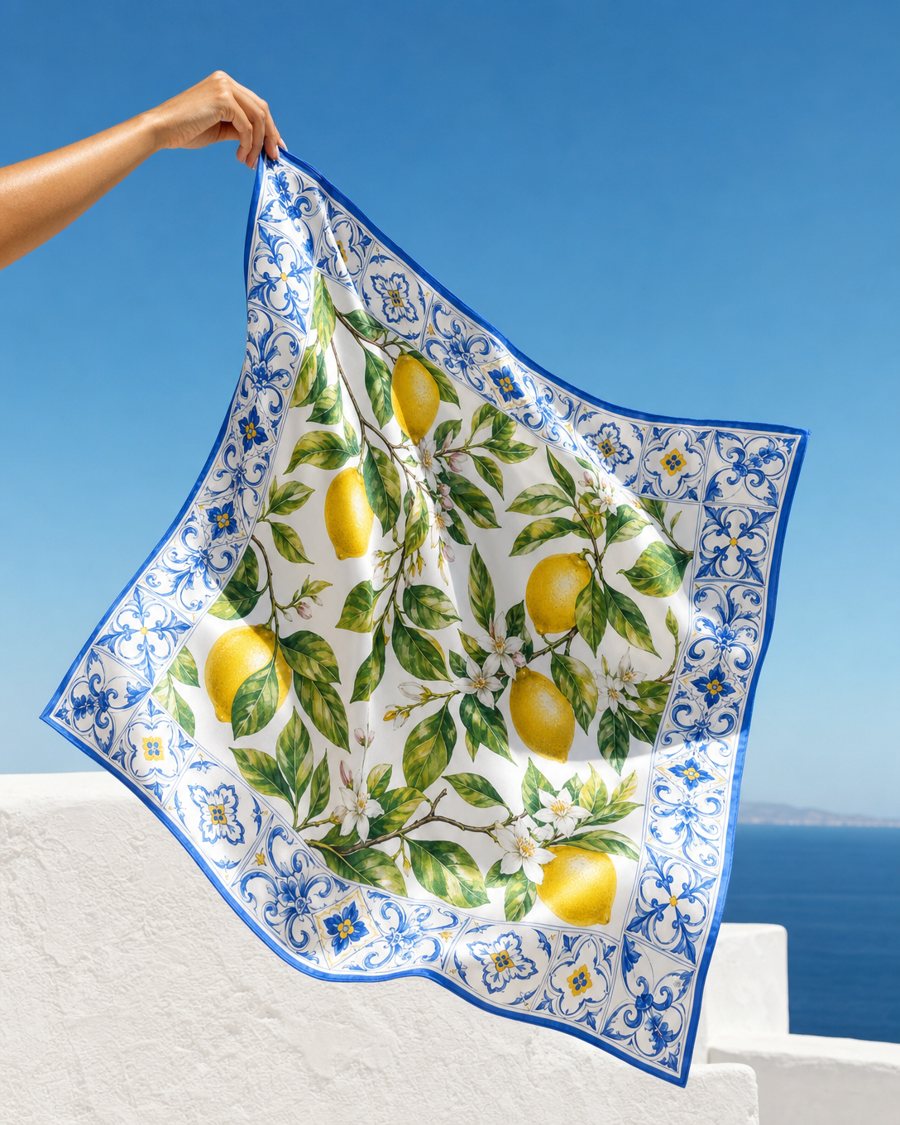 Amalfi Lemons scarf billowing in a sea breeze